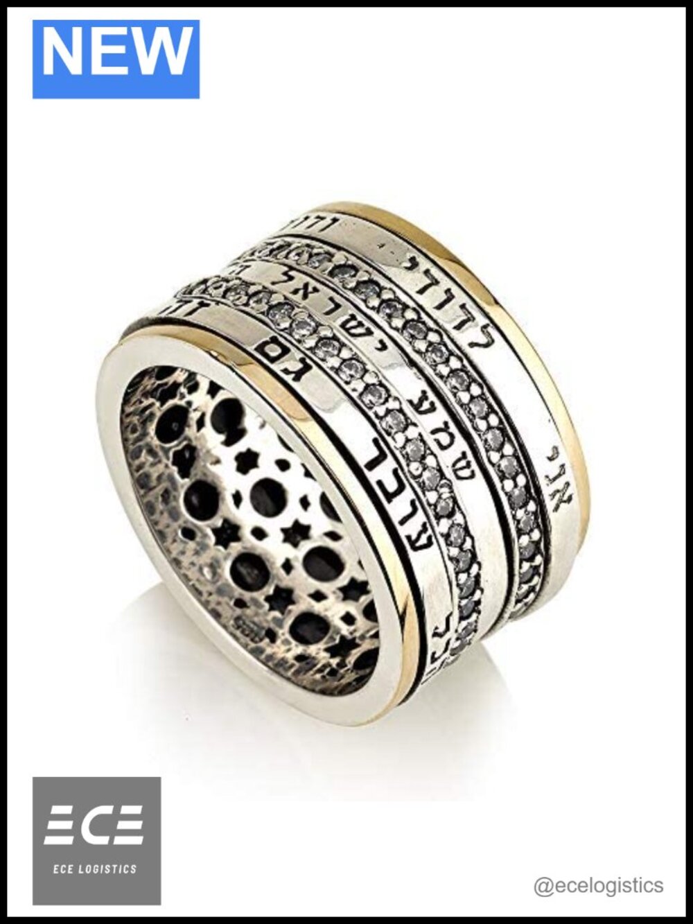 925 Sterling Silver 9k Gold Spinner Ring Cubic Zirconia Size 12